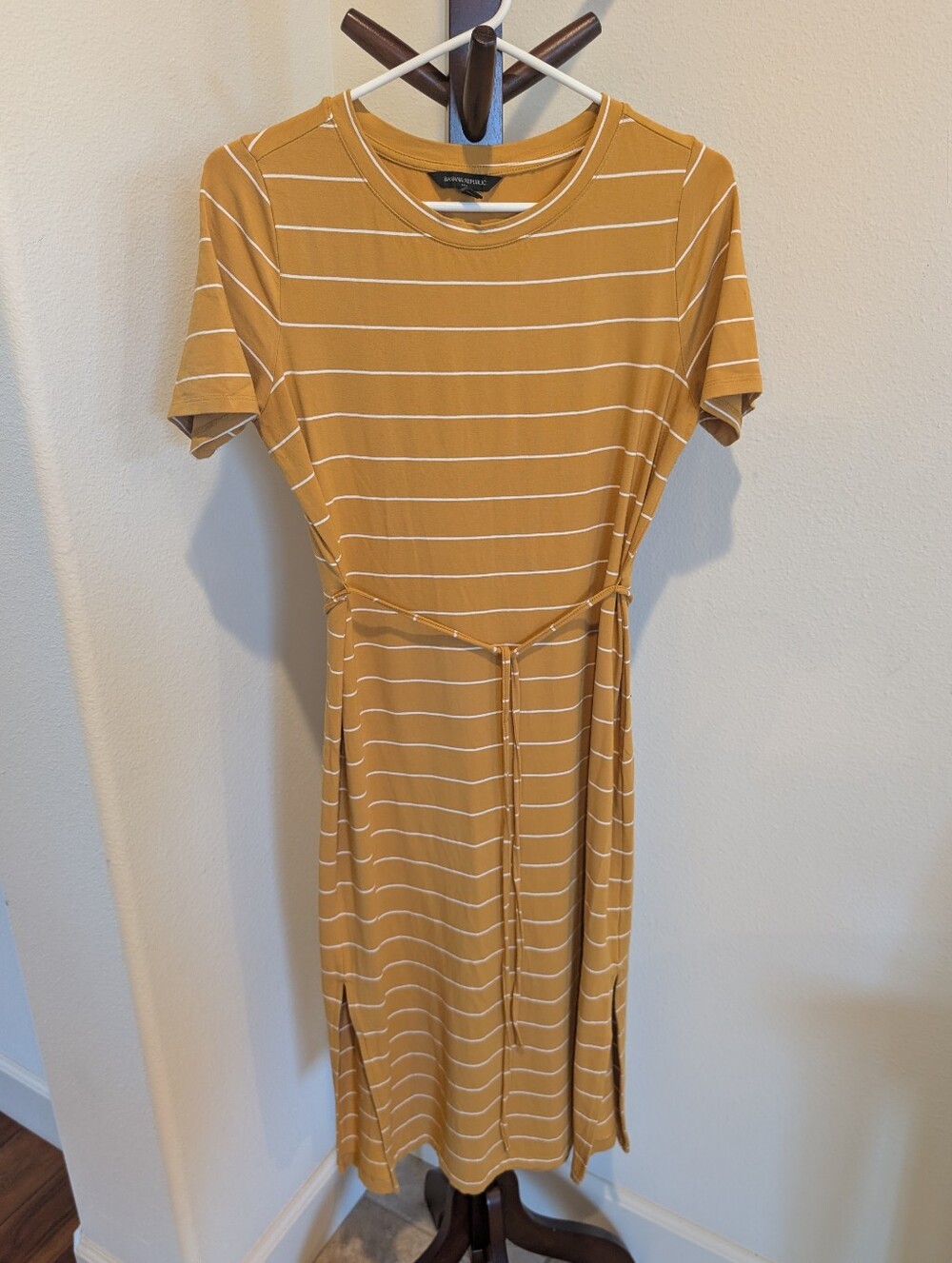Banana Republic Mustard and White Striped Tie-Waist Midi Dress, Size S